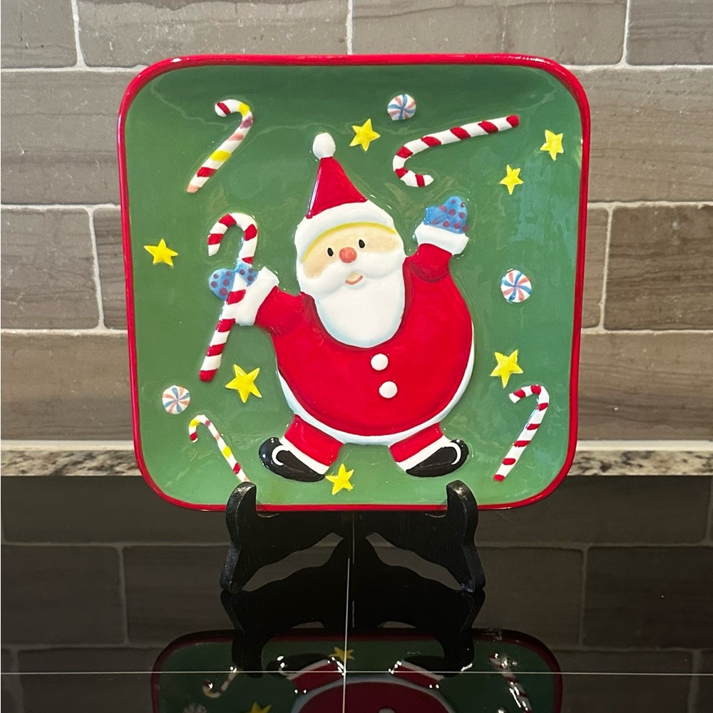 Brighten the Season Santa Clause Square Holiday Christmas Dessert Plate 8” x 8”